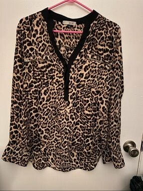 mnk Leopard Print V-Neck Blouse in Beige and Black